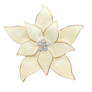 Eisenberg Ice Enamel Flower Brooch Gold Tone Cream Rhinestones Floral Pin Jewelr